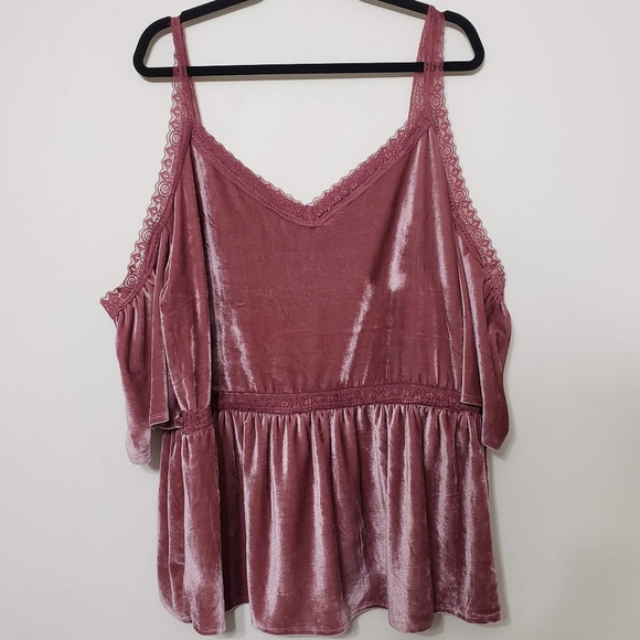 City Streets Tops - City Streets Pink Velour Cold Shoulder Babydoll 3X